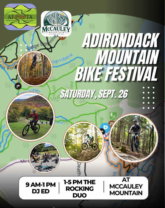 May be an image of bicycle and text that says 'AF( NDRONEACEFOGNE FOETE EMESPLNIGL McCAULEY MO MOUN -MOUNTAIN AIN- 冷ち.E dge Roce inher ADIRONDACK vrensbeck rensbeck MOUNTAIN BIKE FESTIVAL SATURDAY, SEPT.2 26 การก 9 AM-1 9AM-1PM PM DJED DJ ED 1-5 PM 1-5PMTHE THE ROCKING DUO AT MCCAULEY MOUNTAIN'